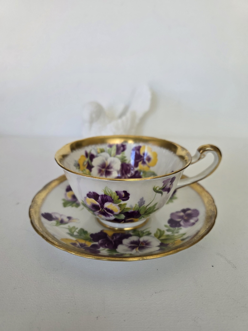 Vintage Royal Chelsea Porcelain Floral Pansy Teacup & Saucer - Purple and Gold